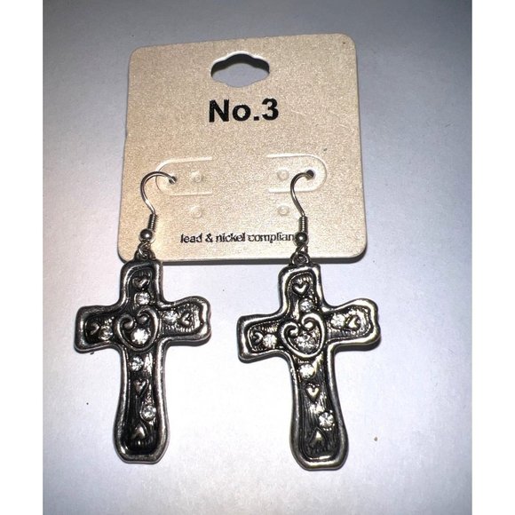 No. 3 Silver-Tone & Crystal Cross Earrings - Picture 2 of 6